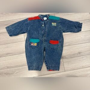 Vintage 18 Months Baby Kids Denim Overalls with Red and Teal Accents